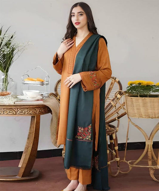 Aisling 3PC Embroidered Dhanak with Embroidered Dhanak Shawl - No-06