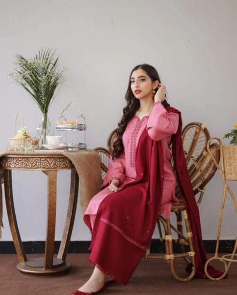 Aisling Baby Pink 3PC Embroidered Dhanak with Embroidered Dhanak Shawl - No-07