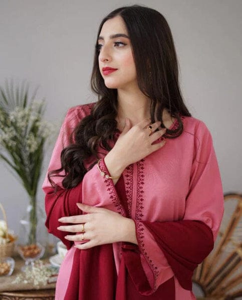 Aisling Baby Pink 3PC Embroidered Dhanak with Embroidered Dhanak Shawl - No-07