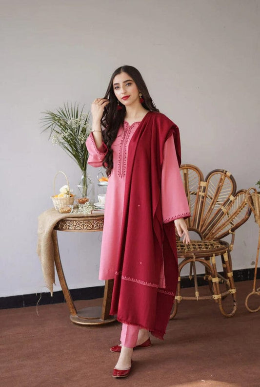 Aisling Baby Pink 3PC Embroidered Dhanak with Embroidered Dhanak Shawl - No-07