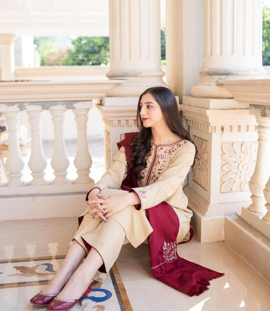 Aisling  3PC Embroidered Dhanak with Embroidered Dhanak Shawl - No-03